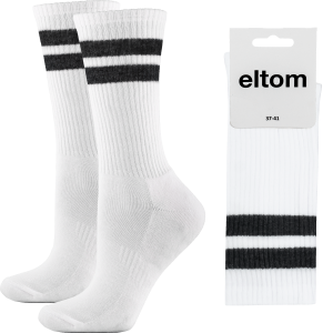 Skarpety sportowe damskie długie białe 2 paski - czarne